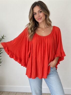 Red Scoop Neck Flowing Ruffle Sleeve Women's Top